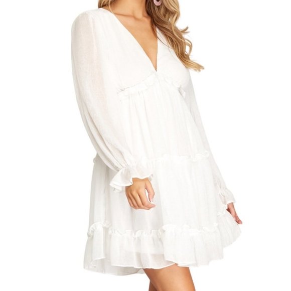 She and Sky Dresses & Skirts - She And Sky Long Sleeve V-Neck Tiered Mini Dress White Size Large NWT